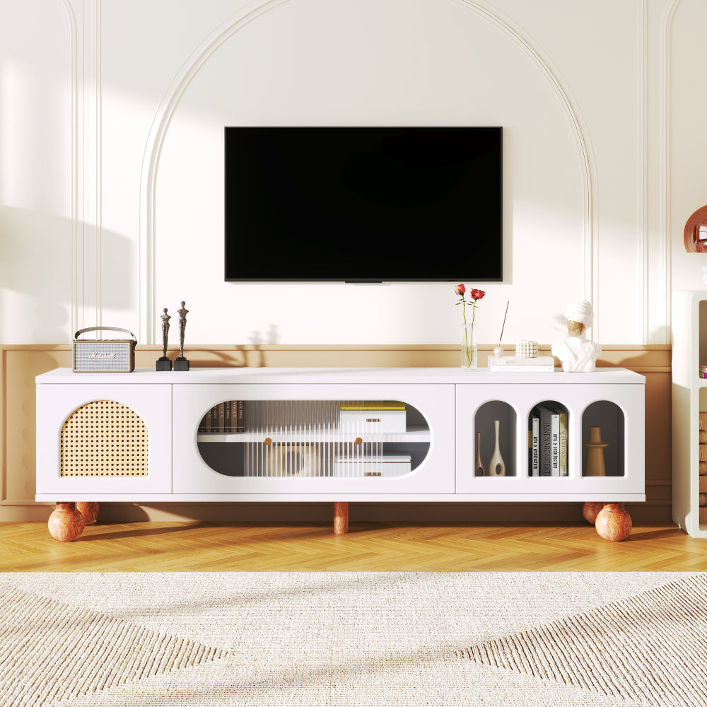 Modern TV Stand Media Console with Sliding Glass Doors & Open Arched Shelves - Heavy-Duty Metal Construction, Golden-Toned Legs - Living Room Furniture Centerpiece for Flat-Screen TVs - Easy Assembly Required