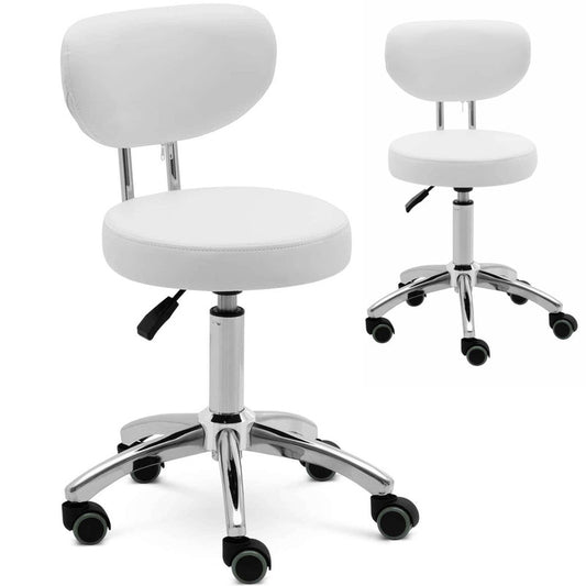 ASCONA White Cosmetic Hocker Stool with Backrest and Wheels, Supports Up to 150 kg