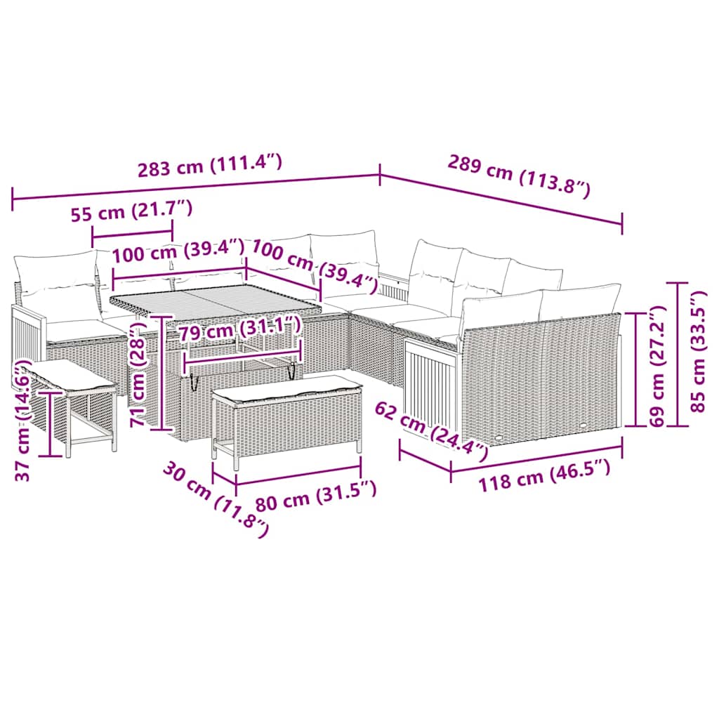 Tuinbank – Buitenbank – Loungeset – Outdoor Sofa – Tuinmeubel – Modulair Ontwerp – UV-Bestendig Poly Rattan & Acaciahout – Zwart met Crème Kussens – 5-Zits