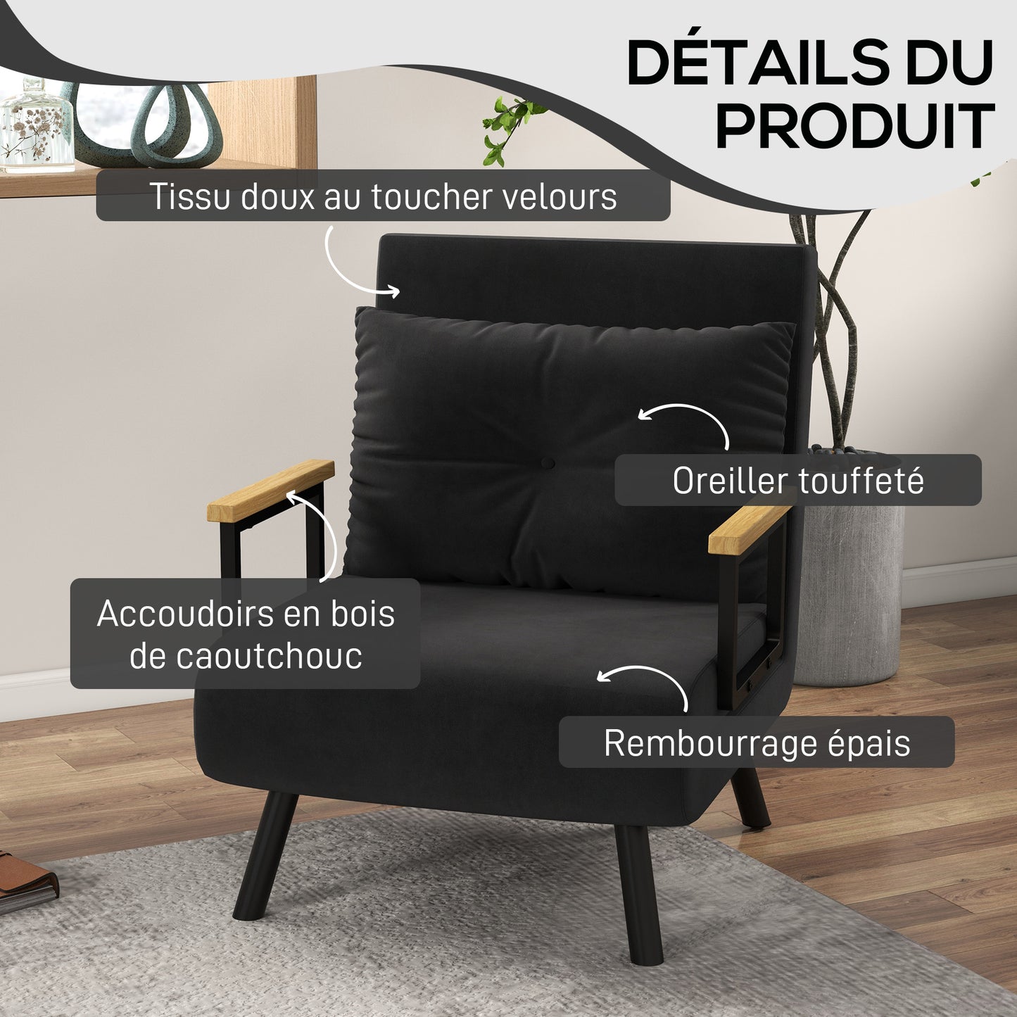 Stoelbed – Slaapstoel – Fauteuil – Slaapfauteuil – Ligstoel – 4-in-1 Multifunctioneel – Verstelbare Rugleuning 5-Posities – Fluweelachtige Stof – Stevig Metalen Frame – Zwart