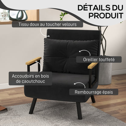 Stoelbed – Slaapstoel – Fauteuil – Slaapfauteuil – Ligstoel – 4-in-1 Multifunctioneel – Verstelbare Rugleuning 5-Posities – Fluweelachtige Stof – Stevig Metalen Frame – Zwart