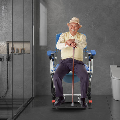 Vouwbare Douchebrancard – Toiletstoel – Rollstoel – Doucherolstoel – Commode Rolstoel – Met Armleuningen en Rugleuning – Sterk Aluminium – Inklapbaar Blauw