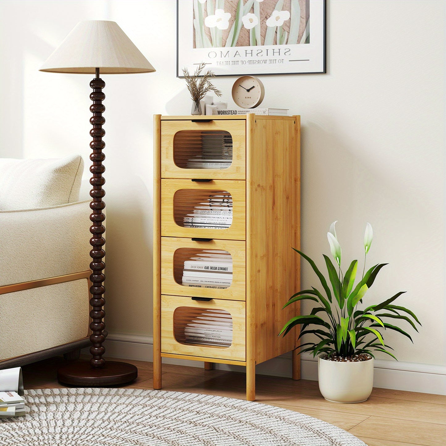 Opbergkast – Opbergmeubel – Ladenkast – Dressoir – Bamboekast – 4 Lades – Gehard Glas – Compact 40x40x97 cm