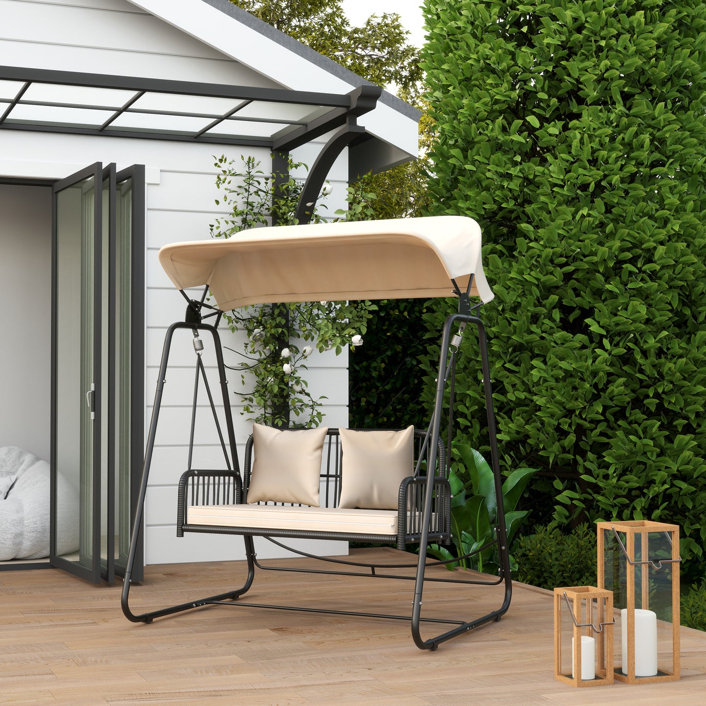 Tuinbank – Buitenbank – Loungebank – Tuinmeubel – Schommelbank – 2-Zits Rattan Hollywood Schommel – Inklapbaar Zonnescherm – Comfortabel Met Kussen – Draagvermogen 240 kg – 149x121x180 cm – Khaki