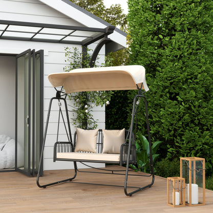 Tuinbank – Buitenbank – Loungebank – Tuinmeubel – Schommelbank – 2-Zits Rattan Hollywood Schommel – Inklapbaar Zonnescherm – Comfortabel Met Kussen – Draagvermogen 240 kg – 149x121x180 cm – Khaki