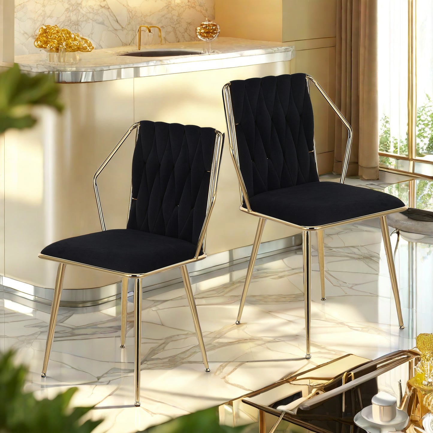 Eetkamerstoelen – Stoelen – Kuipstoelen – Keukenstoelen – Woonkamerstoelen – Velvet Bekleding – Metalen Onderstel – Set Van 2 – Zithoogte 42,5 cm – Zwart