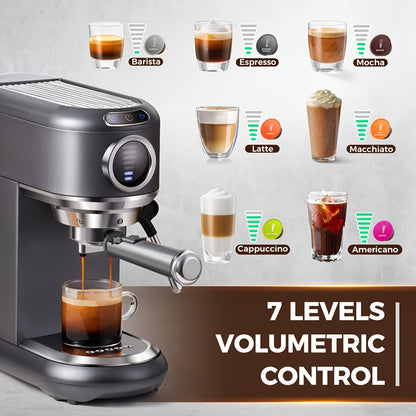 Espressomachine – Koffiemachine – Latte Maker – Cappuccinomachine – Halfautomaat – Roestvrij Stalen Behuizing – 7-instelbare Watervolume Controle