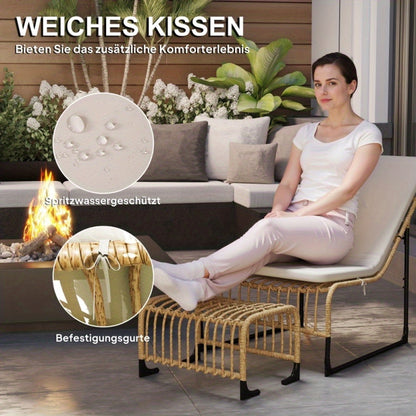 Tuinstoel – Rattan Stoel – Relaxstoel – Balkonstoel – Tuinfauteuil – UV-bestendig – Inclusief Verstelbaar Kussen en Voetenbank