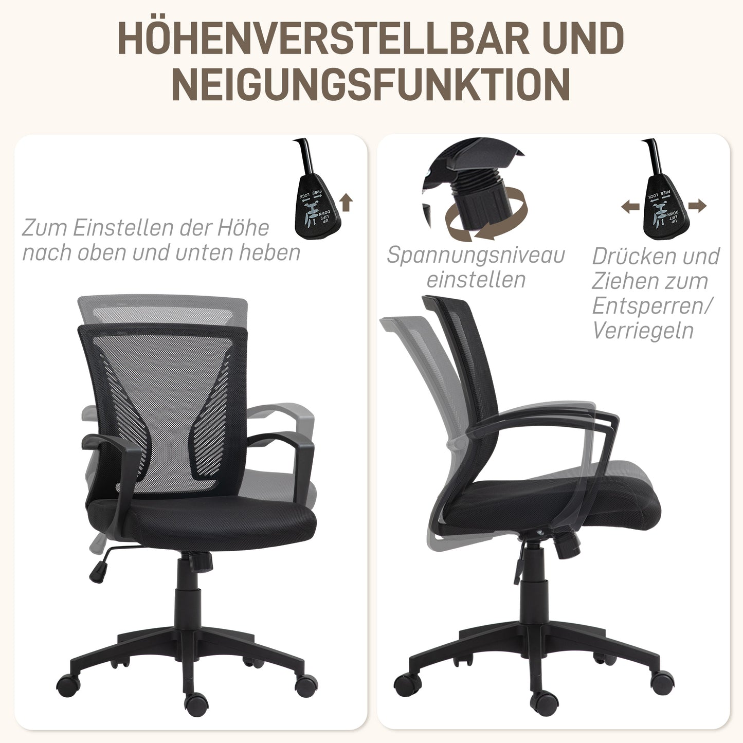 Bureaustoel – Kantoorstoel – Draaistoel – Meshstoel – Werkstoel – Ademend Mesh Rugleuning – Verstelbare Hoogte 92-102 cm – Max. 120 kg – Zwart