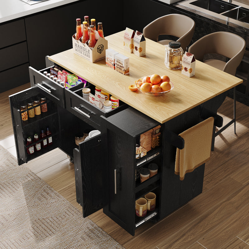 Modern Kitchen Island, Kitchen Cabinet, Buffet Cabinet, Dining Cart with Wood Veneer, Multifunctional Dining Table with Storage Space, Dining Cart with Snack Shelves And Stretch Function Cabinets, Black.