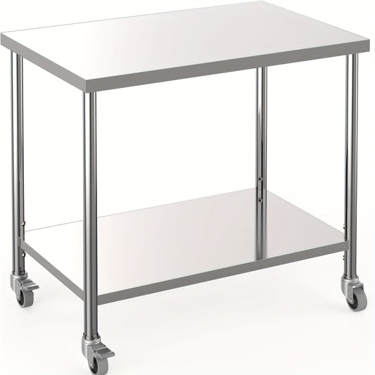 Roestvrijstalen Werktafel – Werkbank – Werktafel Met Wieltjes – Werkbank Met Opbergruimte – Hygiënische Tafel – 91,44x60,96 cm – 1100 kg Belastbaar – Verstelbaar Onderblad Met Zwenkwielen