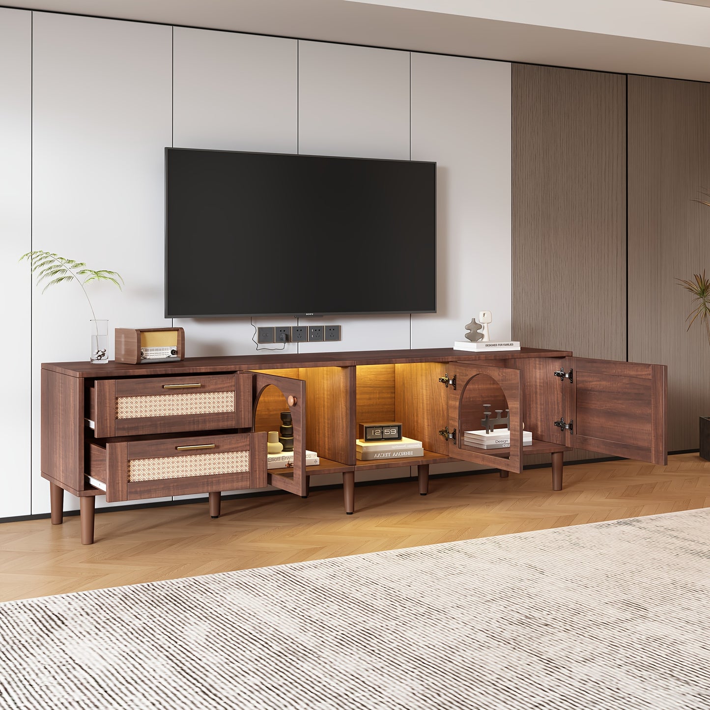tv meubel – tv kast – tv dressoir – media meubel – tv stand – Groot Bruin Modern Tv Meubel voor 70-80 Inch – Gebogen Deuren & 2 Lades – Ruime Opbergruimte 3,2+ Kubieke Voet – Duurzaam Niet-Hout Materiaal – Eenvoudige Montage
