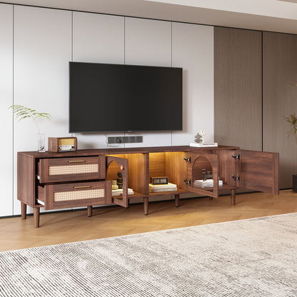 tv meubel – tv kast – tv dressoir – media meubel – tv stand – Groot Bruin Modern Tv Meubel voor 70-80 Inch – Gebogen Deuren & 2 Lades – Ruime Opbergruimte 3,2+ Kubieke Voet – Duurzaam Niet-Hout Materiaal – Eenvoudige Montage
