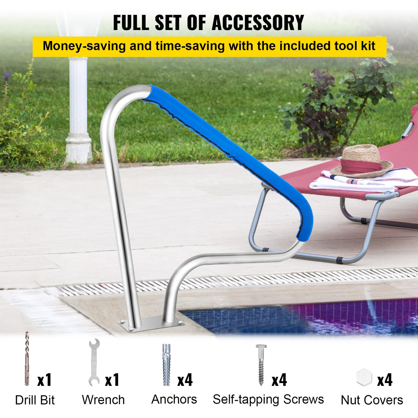 Poolleuning – Zwembadleuning – Zwembadbeugel – Zwembadhandgreep – Veiligheidshandgreep – 121,9x91,5 cm – Roestvrij Staal & Comfortabele Nylon Grip