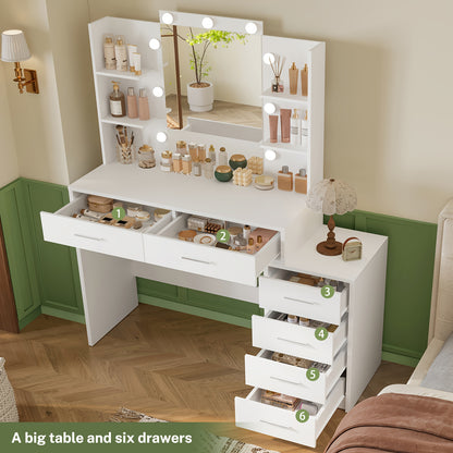 Toilettafel – Kaptafel – Make-up Tafel – Opmaaktafel – Dressoir – Wit – Verlichte Spiegel – 6 Laden en 4 Open Vakken