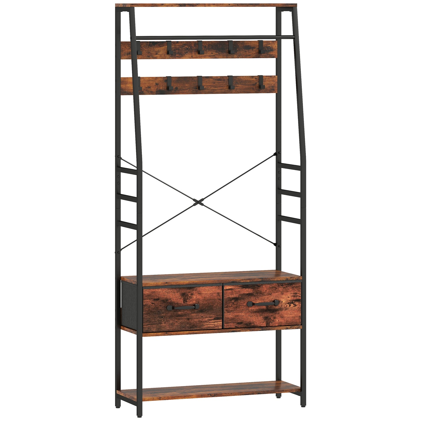 Kapstok – Kledingrek – Schoenenrek – Opbergmeubel – Halmeubel – Rustiek Bruin – 10 Metalen Haken – Comfortabel Zitbankje