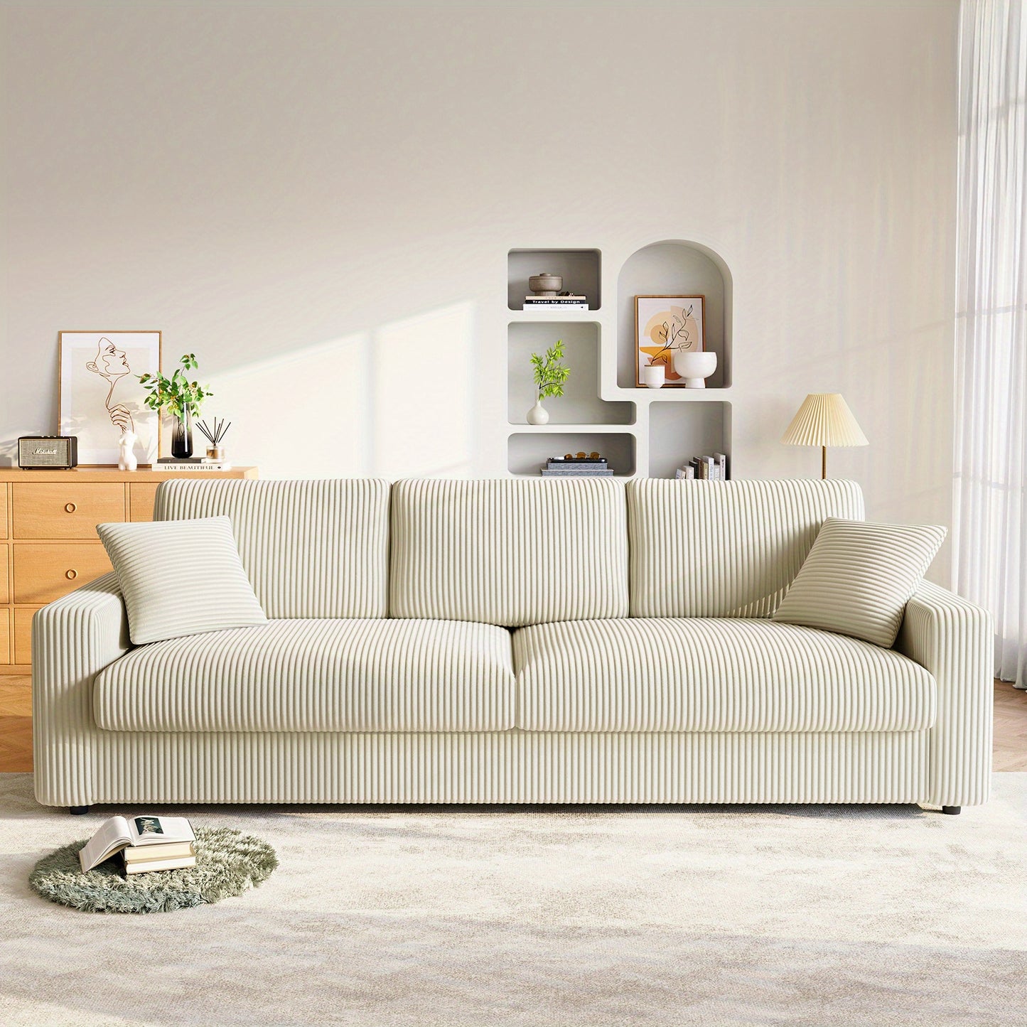 Bankstel – Hoekbank – 4-zitsbank – Slaapbank – Zetel – Beige Corduroy Stof – 256 cm Lengte – Inclusief 2 Sierkussens