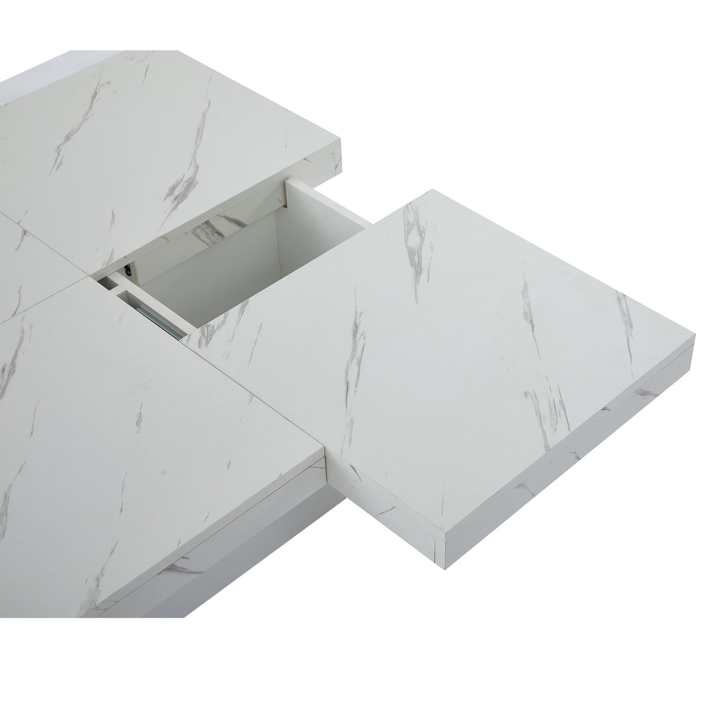 Modern White Square Coffee Table with Marble Texture, Size 90 X 90 X 25cm, Equipped with Four Drawers, Sliding Table Top, Load Capacity Up to 30kg,  Contemporary Style, Minimalist Design, Storage Table, Compact Table, Small S