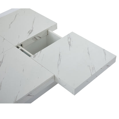 Modern White Square Coffee Table with Marble Texture, Size 90 X 90 X 25cm, Equipped with Four Drawers, Sliding Table Top, Load Capacity Up to 30kg,  Contemporary Style, Minimalist Design, Storage Table, Compact Table, Small S