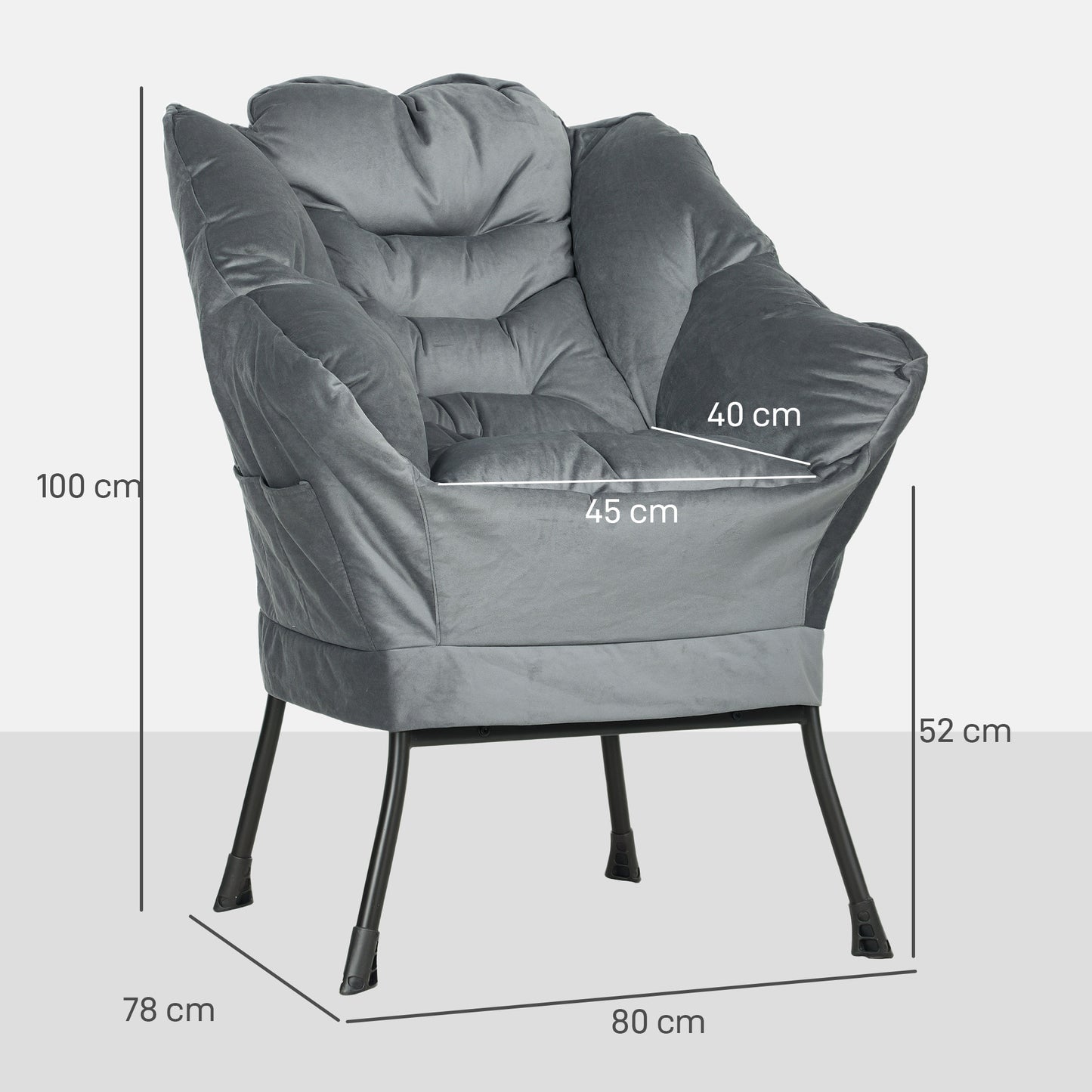 Fauteuil – Accentstoel – Zetel – Bijzetstoel – Relaxstoel – Grijs – Stalen Poten – Zijzak Voor Opbergruimte