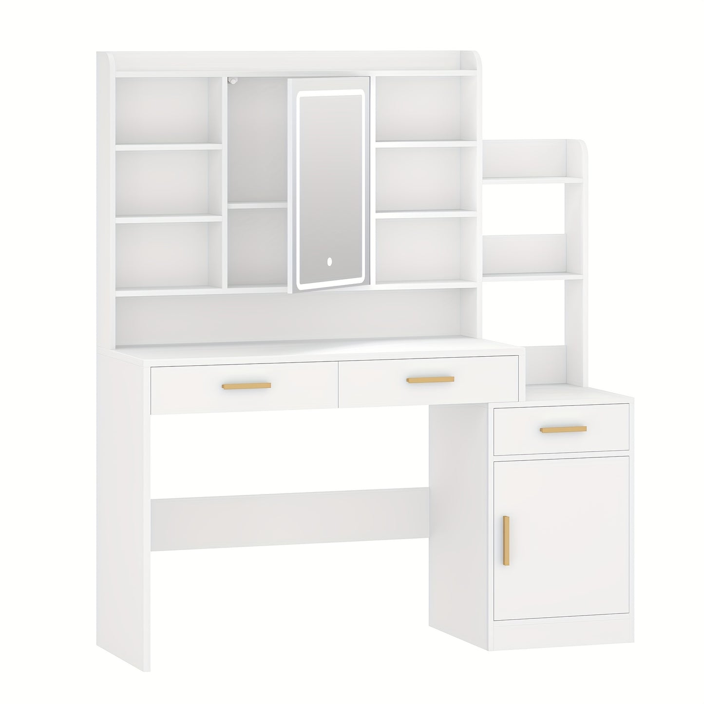 Make-uptafel – Kaptafel – Make-upmeubel – Schminktisch – Witte Make-uptafel – Groot Tafelblad 130 cm – Negen Open Schappen – Twee Lades – Kastje Met Plank