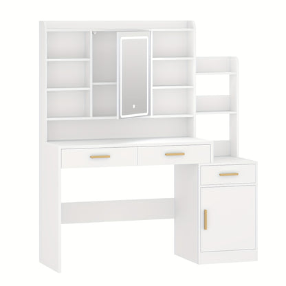Make-uptafel – Kaptafel – Make-upmeubel – Schminktisch – Witte Make-uptafel – Groot Tafelblad 130 cm – Negen Open Schappen – Twee Lades – Kastje Met Plank