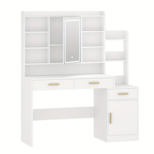Make-uptafel – Kaptafel – Make-upmeubel – Schminktisch – Witte Make-uptafel – Groot Tafelblad 130 cm – Negen Open Schappen – Twee Lades – Kastje Met Plank