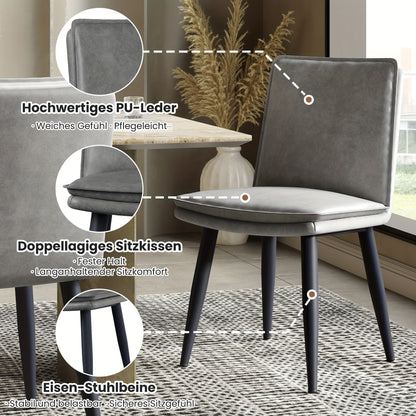 Eetkamerstoel – Stoel – Stoelset – Zitstoel – Cafestoel – Set Van 2 Grijze PU Stoelen – Dubbele Laag Kussen – Metaal Frame