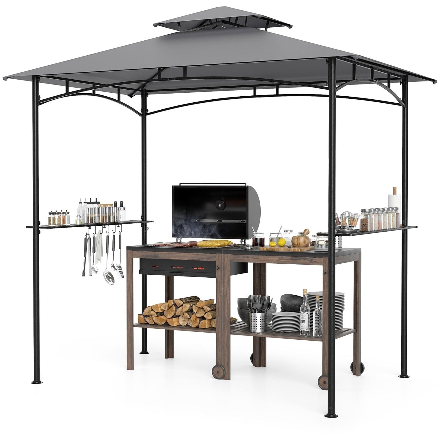 Grillpaviljoen – Barbecueoverkapping – Tuinpaviljoen – BBQ Shelter – Terrasoverkapping – Dubbel Polyester Dak – Met Zijplanken en Haken – Weerbestendig – 242 x 150 cm – Grijs