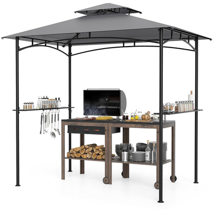 Grillpaviljoen – Barbecueoverkapping – Tuinpaviljoen – BBQ Shelter – Terrasoverkapping – Dubbel Polyester Dak – Met Zijplanken en Haken – Weerbestendig – 242 x 150 cm – Grijs