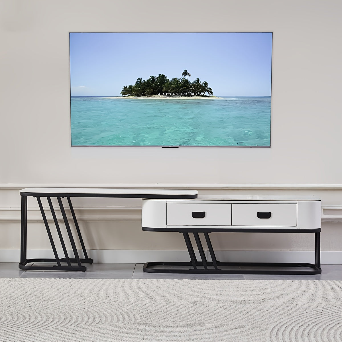 TV-meubel – TV-kast – TV-ladekast – TV-dressoir – TV-rek – Verstelbaar tot 180 cm – Met Robuust Metalen Frame en Stenen Blad