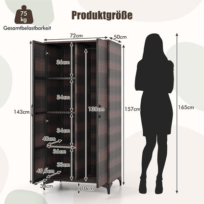Tuinkast – Opbergkast – Tuinkist – Buitenkast – Bergkast – Rattan Tuinkast – Weerbestendig – Met Kledingroede 72x50x157 cm Bruin