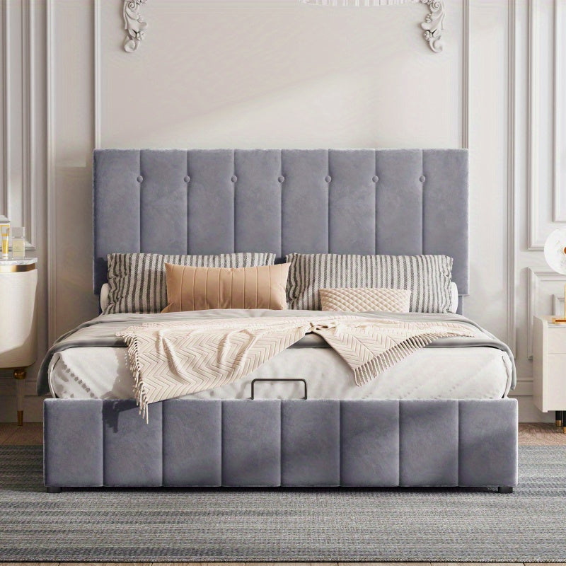 Tweepersoonsbed – Bed – Bedframe – Platformbed – Opbergbed – Gestoffeerd Linnen Beige – Hydraulische Opbergruimte – 140x200 cm