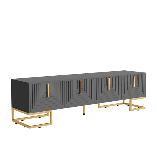 TV Lowboard – TV Meubel – TV Kast – Media Meubel – Sideboard – Grijs – Gouden Accenten & Metalen Frame – 170x40x45,5 cm – Verstelbare Poten & Geruisloze Scharnieren