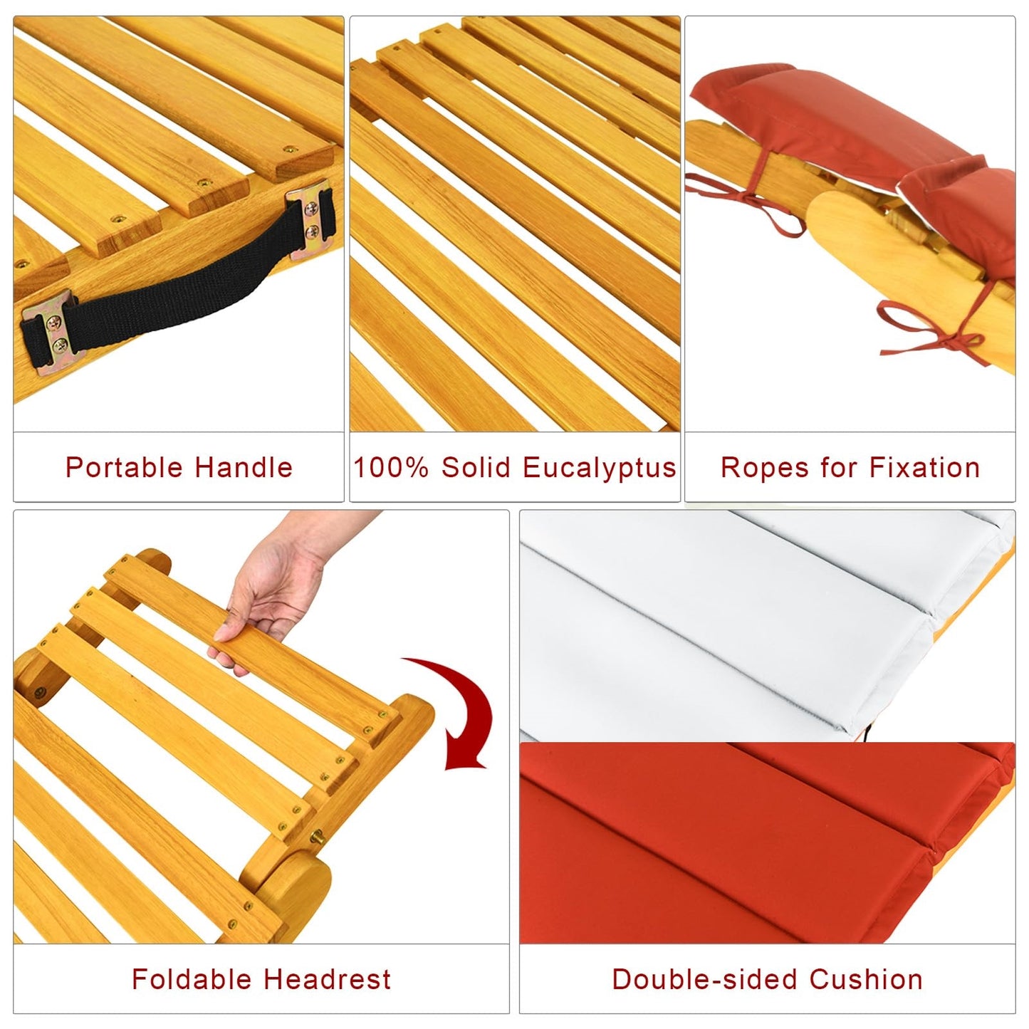 Houten Ligstoel – Tuinstoel – Ligbed – Lounger – Zonnebed – Verstelbaar – Massief Eucalyptus Hout – Inclusief Dicht Schuimkussen – Opvouwbaar – Max 180 kg Draagvermogen