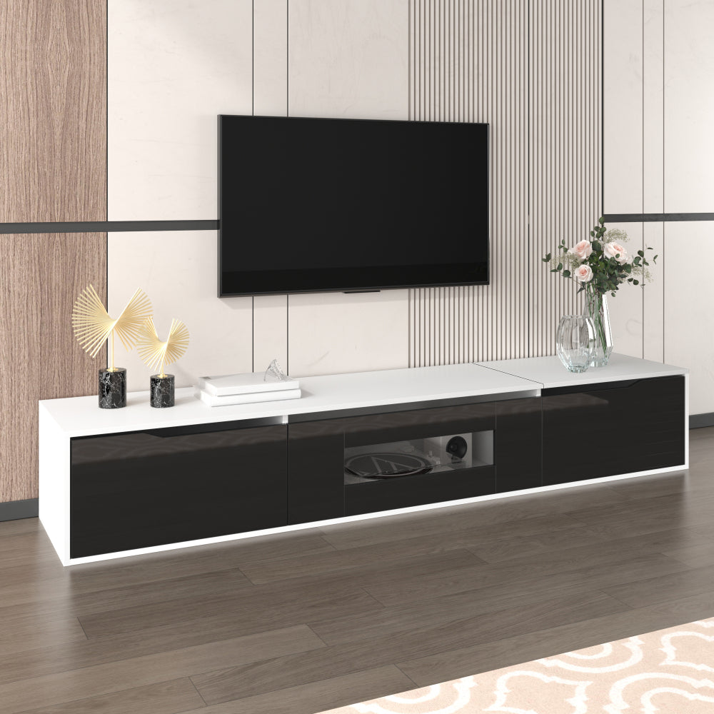Modern Metal TV Stand with High-Gloss Finish - Wall-Mounted or Freestanding Media Console, Space-Saving Design in Black & White, Easy Installation with Hardware Included, Minimalist Entertainment Center for Living Room, Home