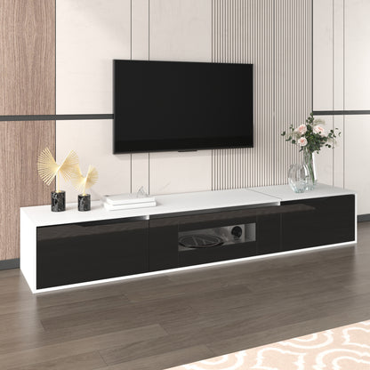Modern Metal TV Stand with High-Gloss Finish - Wall-Mounted or Freestanding Media Console, Space-Saving Design in Black & White, Easy Installation with Hardware Included, Minimalist Entertainment Center for Living Room, Home