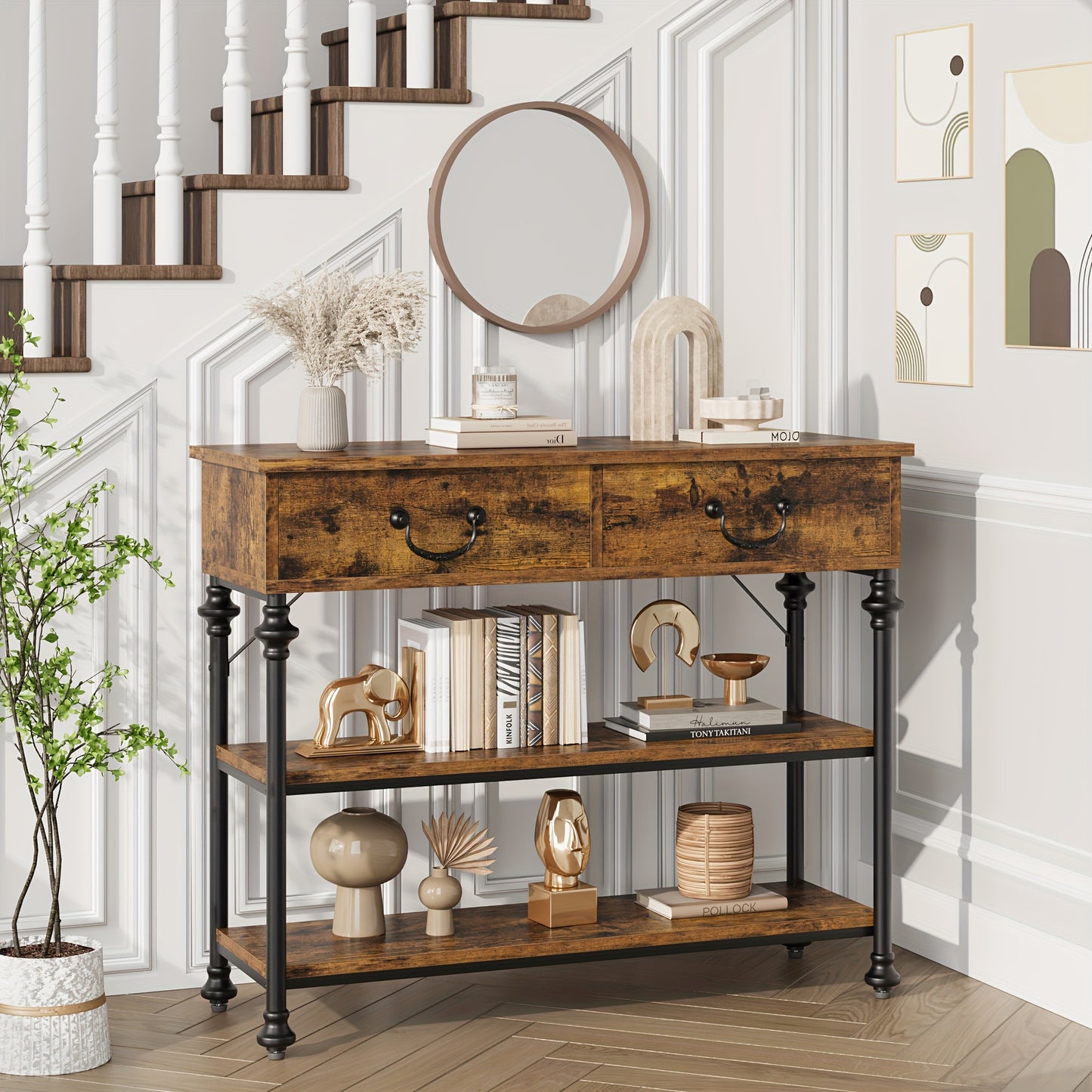 Sidetable – Console Tafel – Haltafel – Sofa Tafel – Opbergmeubel – Smal Ontwerp – 2 Lades & Open Planken – Metalen Frame & Houten Blad – Grijs
