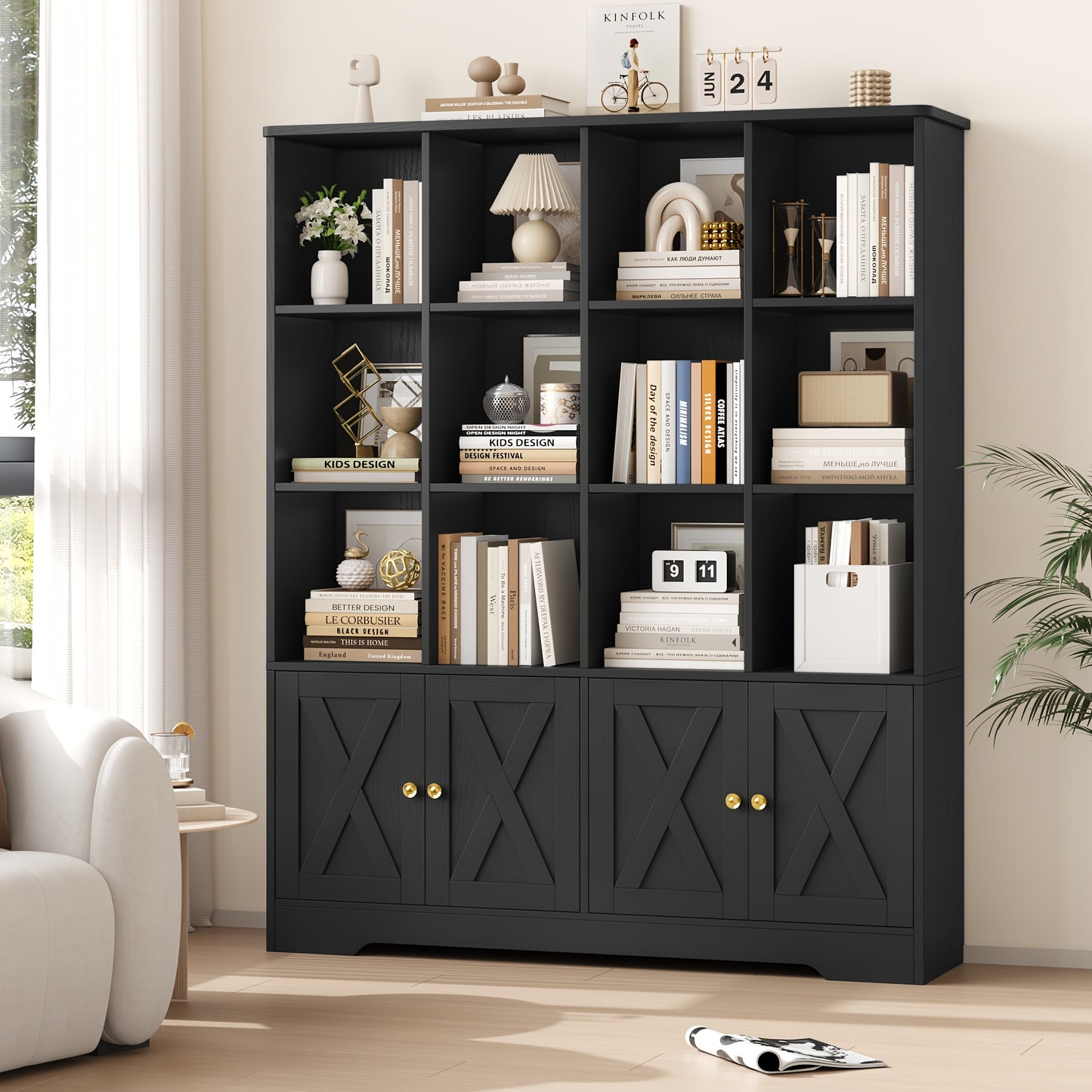 Hoge Boekenkast – Boekenkast Met Deuren – Opbergkast – Vitrinekast – Kast Voor Woonkamer – Zwart – 12 Compartimenten – Ruimtebesparend Verticaal Design