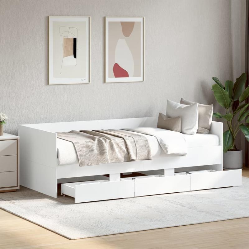 Bedbank – Slaapbank – Slaapsofa – Logeerbed – Sofa Bed – Wit – 90x200 cm – Massief Hout – Met Opberglades