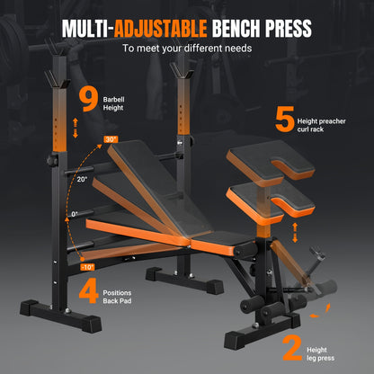 Halterschijfbank – Halterbank – Trainingsbank – Fitnessbank – Gewichthefbank – Verstelbaar en Inklapbaar – 370 kg Belastbaar – 6-in-1 Multifunctioneel Trainingsstation