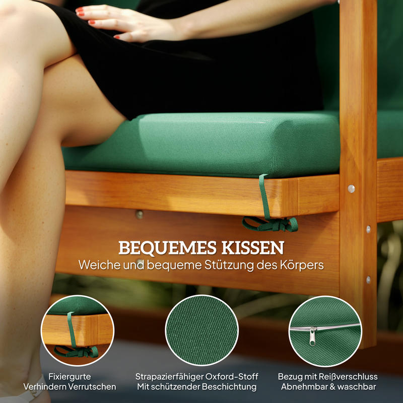 Hollywood swing with sunroof, real wood garden swing, swing bench with reclining function, for 3 people, dark green,  Stylish Seating, Classic Design, Weatherresistant Material, Durable Metal Frame, Threeseater Swing, Sun Can