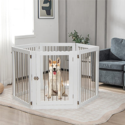 Hondenhek – Hondenren – Puppyhek – Traphekje – Loophekje – Vrijstaand – 6 Panelen Met Deur – 80 cm Hoog – Opvouwbaar – Wit – RVS & Hout – Extra Stevige Steunen