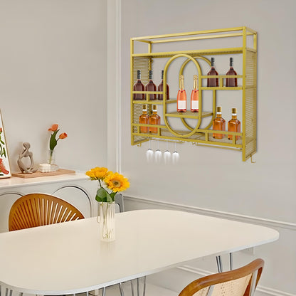 Wandwijnkast – Wijnrek – Wijnhouder – Flessenrek – Glazenhouder – Gouden Kleur – 39 Flessen Capaciteit – Stevig IJzeren Frame