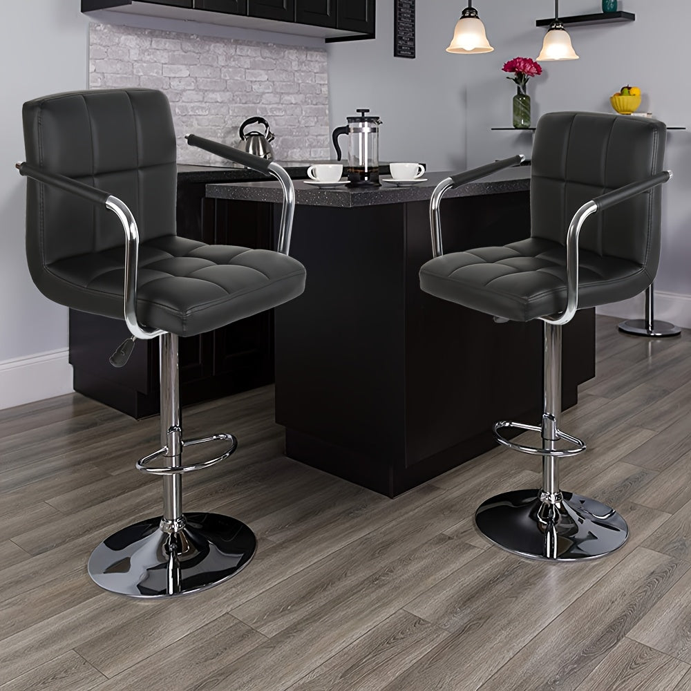 2pcs Faux Leather Bar Stools Set | 63.5cm To 83.82cm Adjustable Height Swivel Counter Stools With Padded Seat, Backrest & Footrest, Modern PU Kitchen Island Chairs For Home Bar, Cafe Style (Black)