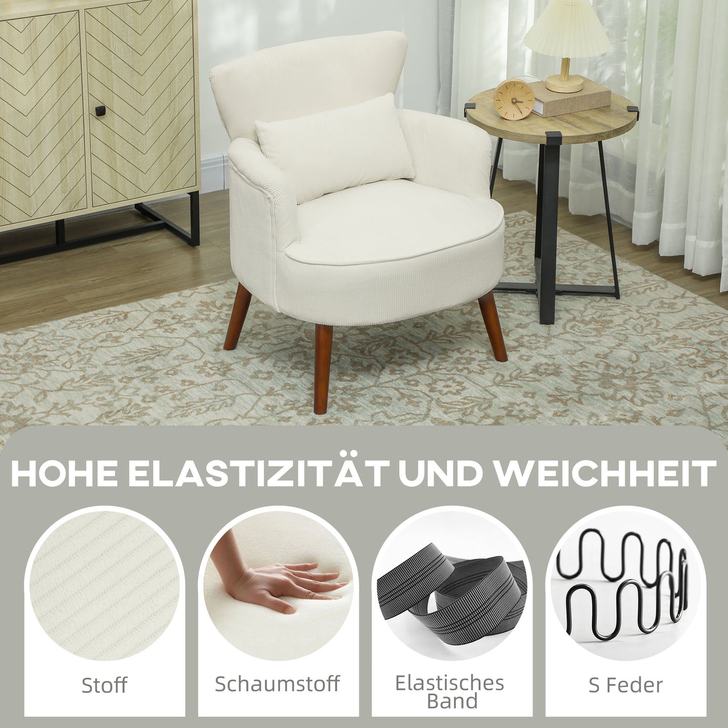 Fauteuil – Loungestoel – Relaxstoel – Zetel – Leunstoel – Crèmewit – Hoogwaardig Polyester – Houten Poten – Max. 120 kg