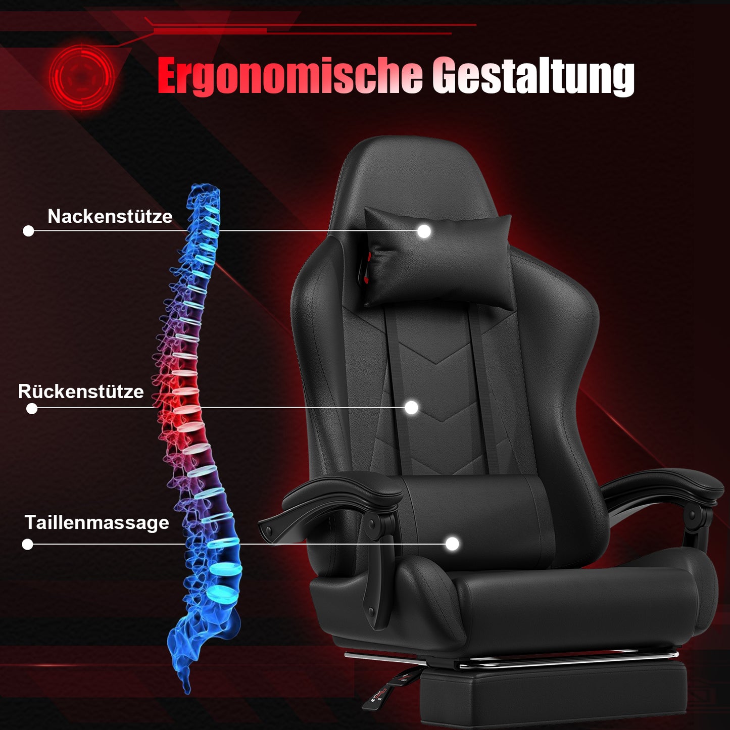 Ergonomische Gamingstoel – Bureaustoel – Office Chair – Esports Stoel – Gamedraaistoel – Zwart Kunstleer – Massagekussens – Handmatige Verstelbare Rugleuning