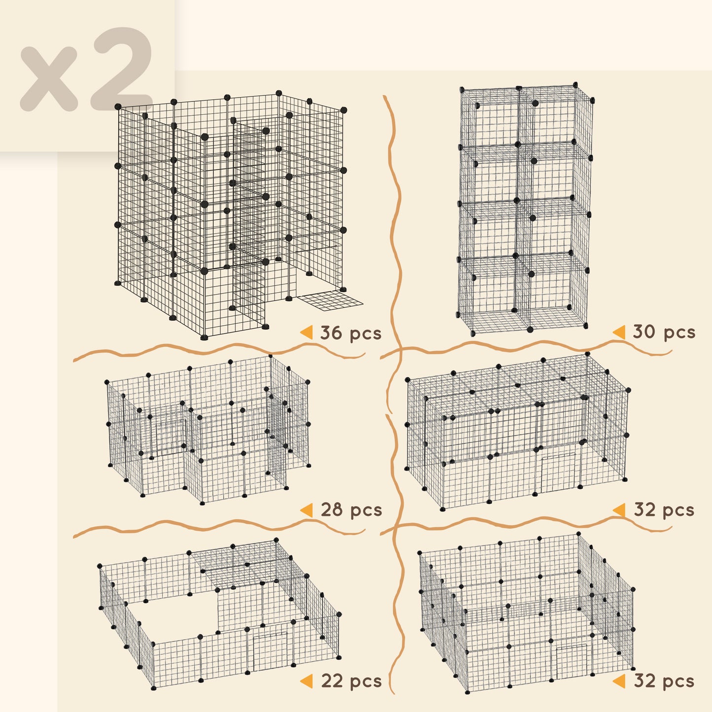 Speelomheining Klein Dieren – Ren Voor Cavia’s – Konijnenren – Draadomheining – Huisdierren Zwart – Modulair 2 Laags – Afgeronde Randen – Robuust Draadmetaal 146x73x73 cm