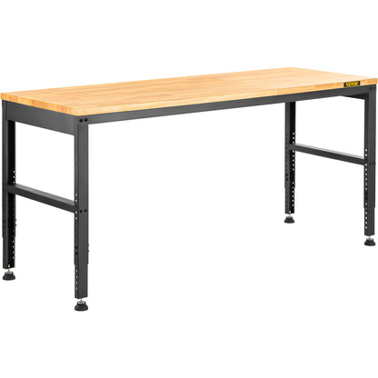 Werkbank – Verstelbare Werktafel – Klusbank – Montagebank – Krachtige Werkplek – Verstelbare Hoogte 72-97 cm – Massief Houten Blad 25 mm – Inclusief Stopcontacten & USB-poorten – Koudgewalst Stalen Frame