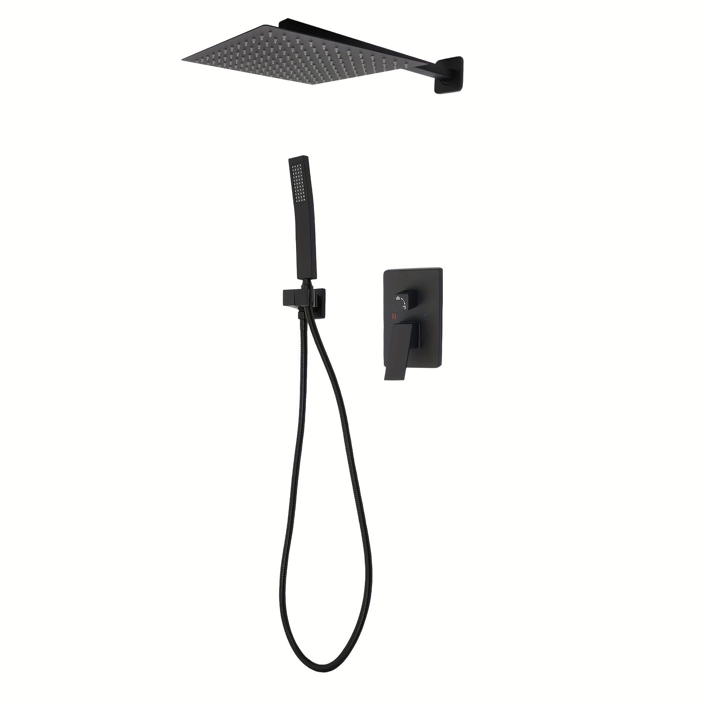 Regendouche Set – Douchekop – Handdouche – Badkamerkraan – Wandmontage – Zwart Mat – 30x30 cm Hoofddouche – Temperatuurregeling 0-90°C